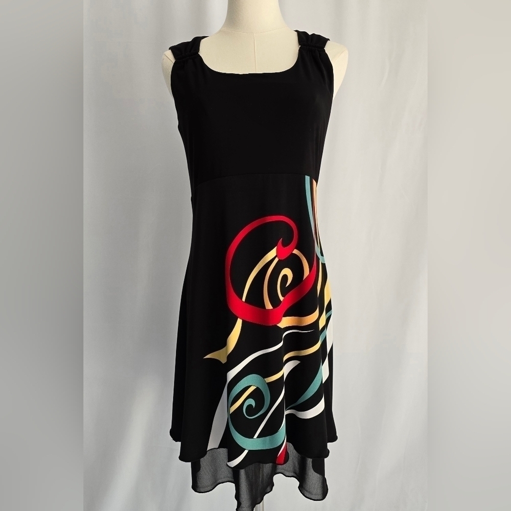 Libra Sleeveless Black Dress Layered Multi-Colored Skirt & Shoulder Detail Sz. S - Picture 3 of 11